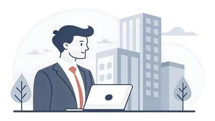 A professional executive in a suit working on a laptop computer to manage business communication and technology networks for success