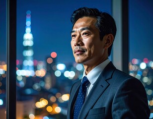 Asian businessman in suit gazes out window at city lights