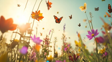 Enchanting butterfly ballet soaring amidst vibrant wildflowers on a sunny afternoon