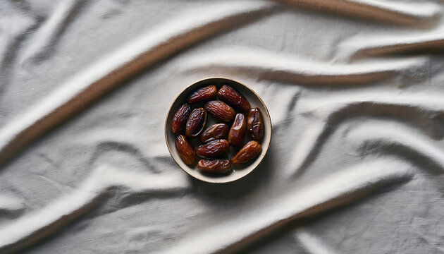 Medjool Dates in a small ceramic bowl on wrinkled beige fabric background perfect for food photography, Ramadan and Iftar content, healthy snack visuals, and Middle Eastern recipe blogs