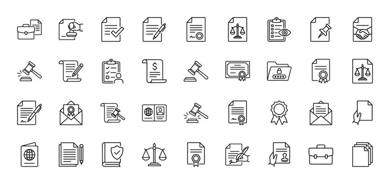 Legal and administrative line icon set. Vector pictograms of gavel, contract, passport, certificate, scales, folder, stamp, and clipboard, thin outline illustration.
