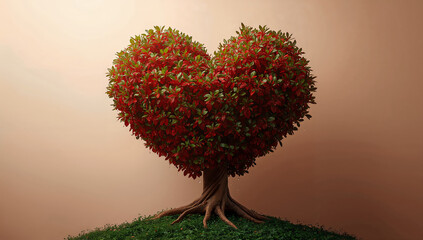 赤いハート形の木が際立つ森の風景 ロマンチックな象徴ビジュアル.生成AI