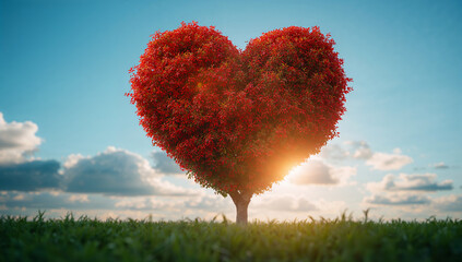 赤いハート形の木がつくる恋愛モチーフ 自然を使った象徴的な背景.生成AI