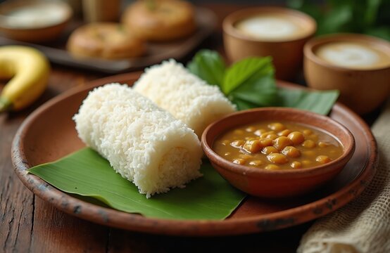 Steamed rice cakes with coconut and chickpea curry served on banana leaf. Traditional Kerala breakfast dish includes sweet banana and coffee. Indian cuisine food.