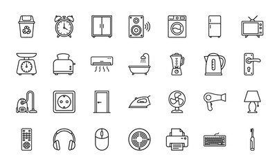 Fototapeta premium Household appliances and home electronics line icon set. Vector pictograms of television, refrigerator, toaster, washing machine and computer, thin outline illustration.