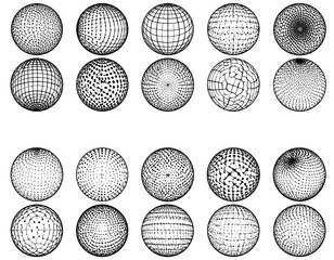Assortment of black and white spheres with varied wireframe patterns