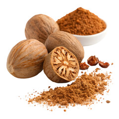 Culinary Nutmeg: Whole Pods, Half, & Ground Spice Powder on White on transparent background