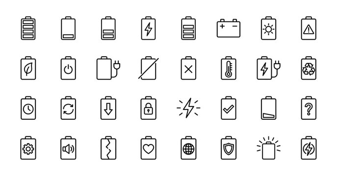 Battery and power management icon set. Vector pictograms of charging, energy level, solar, temperature, recycling, and hardware health, thin line outline illustration.