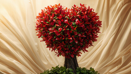 恋愛や告白のイメージに合う赤いハート形の樹木 幻想的な自然背景.生成AI