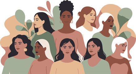 A large group of diverse women with various hairstyles and skin tones stands united in a stylized illustration