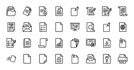 Fototapeta premium Business document line icon set. Vector pictograms of folder, checklist, contract, presentation, certificate, archive, printer, and file management, outline illustration.