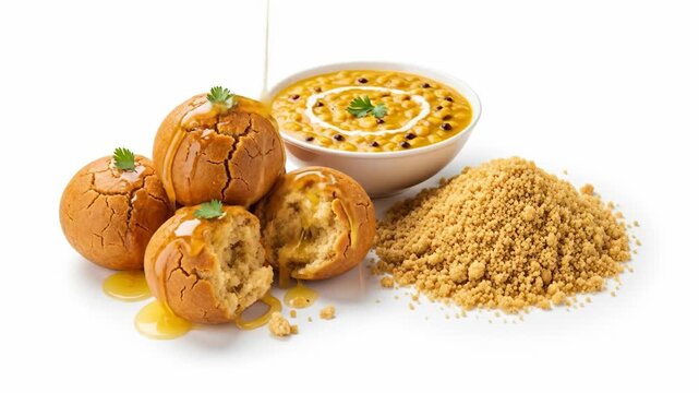 Traditional Rajasthani Dal Baati Churma with Ghee Pouring on White Background.