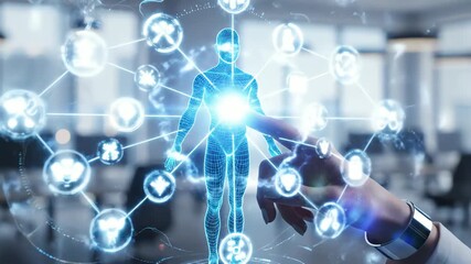 Futuristic Digital Human Body Network Technology Concept with Glowing Connections and Medical Icons Illustrating Innovation and Advanced Healthcare - Powered by Adobe