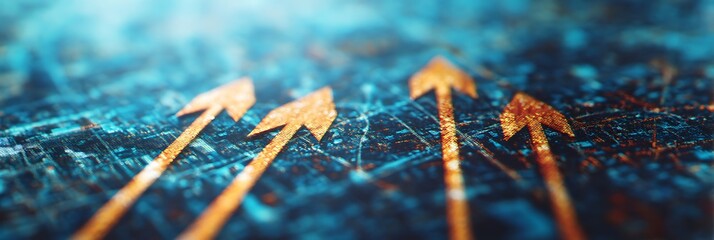 A close-up image of vibrant, glowing arrows pointing upwards, set against a textured blue background, symbolizing growth and progress.