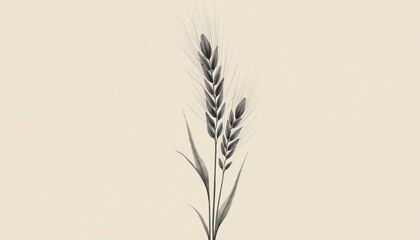 Fototapeta premium Minimalist illustration shows wheat stalk with leaves against light cream background. Elegant botanical art uses simple lines and shading for a refined aesthetic, symbolizing agriculture or growth.