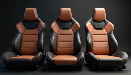 Three modern sport car seats are arranged side by side. Seats have brown, black leather upholstery with contrast stitching. Luxurious interior automotive furniture with ergonomic design for comfort.