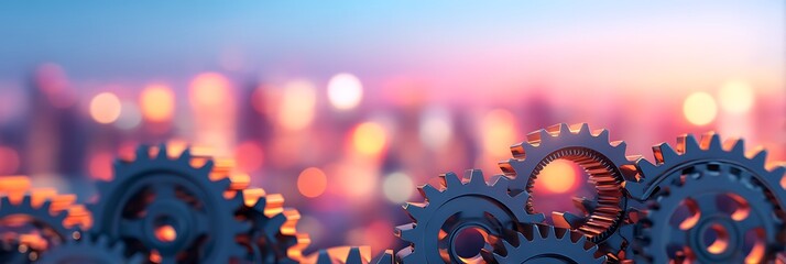 The image features metallic gears in the foreground with a blurred, colorful cityscape in the background, creating a dynamic industrial theme.