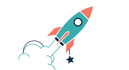 Stylized flat design cartoon rocket launching into space with a trail of smoke, symbolizing startup businesses, innovation, and progress.