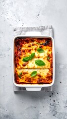 Baked Italian dish with layers of pasta, cheese, and tomato sauce, garnished with basil