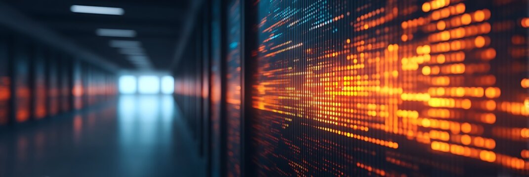 A dimly lit corridor with glowing digital displays, showcasing vibrant data patterns, evoking a high-tech atmosphere. - Powered by Adobe