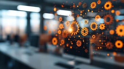 A blurred office scene with digital gears and circuits, symbolizing technology and innovation in a modern workspace.