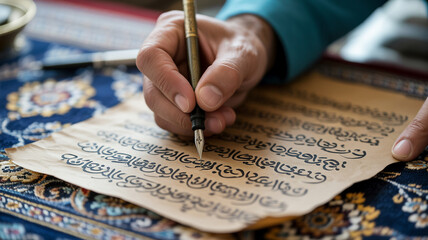 A closeup of a businessman's hand writing a formal signature on a document paper with a pen at an office desk