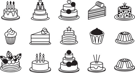 Elegant black and white hand-drawn icon set featuring various celebration cakes, cupcakes, and sweet desserts in a clean line art style for graphic design