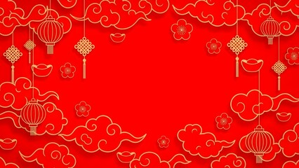 Classic Chinese New Year background with bright red color, traditional Chinese auspicious cloud pattern, delicate gold ornaments