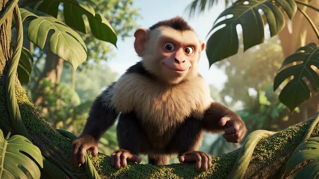 Adventurous young monkey exploring lush jungle environment.