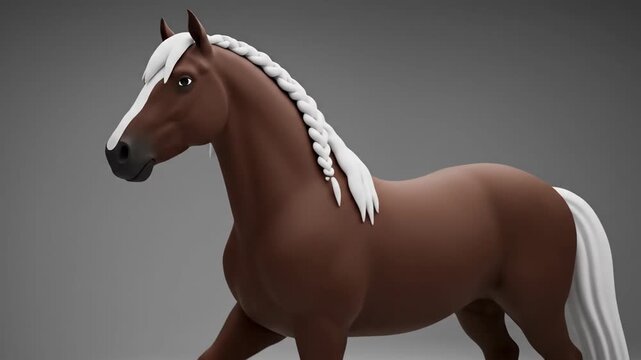 Brown horse with white mane and tail in 3D rendering.