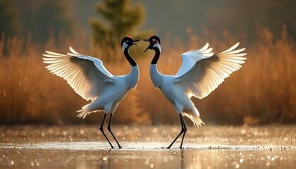 Fototapeta premium Elegant cranes in white feathers dance in shallow water at sunrise. Their wings are spread wide showing glowing light, facing each other. Tall reeds form a blurred warm backdrop.