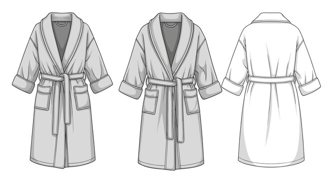 Detailed fashion design technical sketch of a classic belted bathrobe, showing the front, back, and a filled-in gray-scale version.
