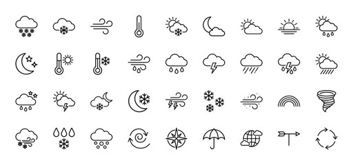 Fototapeta premium Weather line icon set. Vector pictograms of sun, cloud, rain, snow, storm, wind, thermometer, moon, lightning, tornado and umbrella, thin outline illustration.