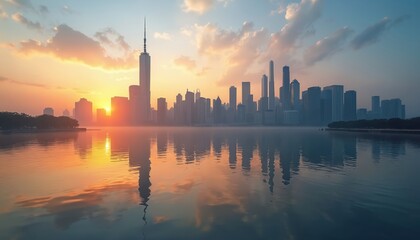 Obraz premium Sunrise over calm water reflects modern city skyline skyscrapers. Orange sky clouds mirror on sea surface. Peaceful urban morning awakens tall glass towers.