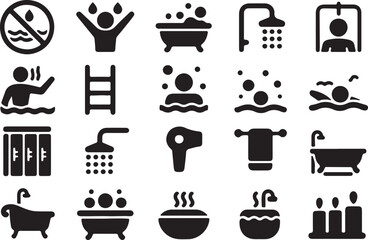 A Comprehensive Set of Black and White Icons Representing Various Bathroom and Hygiene Activities