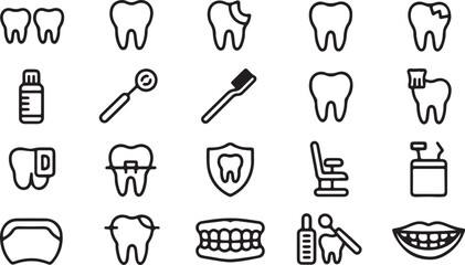 A Collection of Black and White Dental Icons Representing Oral Health and Dentistry