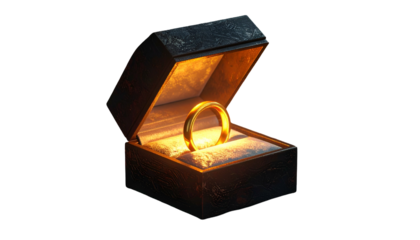 Gold ring glows in an open, dark jewelry box. Gift, love, marriage
