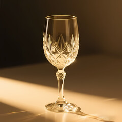 Crystal wine glass highlighted by soft gold light, professional photo style
