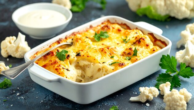 Baked cauliflower dish in white dish, with creamy sauce and herbs