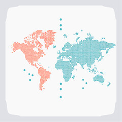 Fototapeta premium Illustration of a world map in a pixelated style with teal and orange dots on a white background with a light gray border.