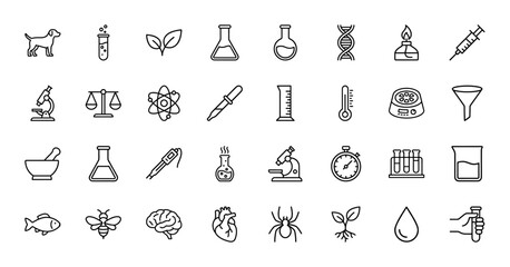 Naklejka premium Science and biology line icon set. Vector pictograms of microscope, DNA, flask, atom, syringe, beaker, brain, heart, bee, dog, and plant, thin outline illustration.
