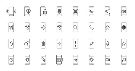 Smartphone features line icon set. Vector pictograms of settings, camera, battery, security, alarm, search, cloud, trash, call, and multimedia, thin outline illustration.