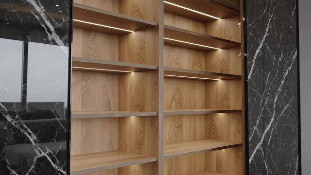 Extreme slow motion close-up capturing the highly polished dark marble wardrobe door gently sliding open to expose empty wooden shelves inside a modern master bedroom architecture, shelves, gently