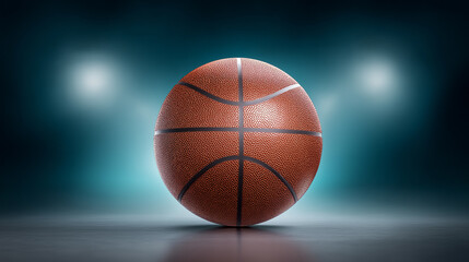 Close-up shot of a basketball on a spotlighted court background
