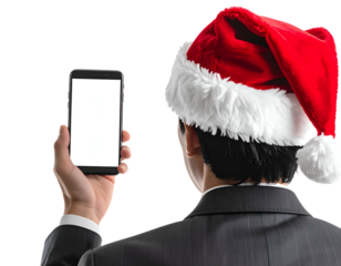 Man in suit, wearing Santa hat, holds up phone