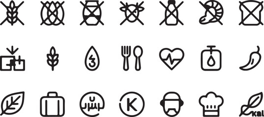 Comprehensive Set of Black and White Line Art Icons for Food Allergies, Dietary Restrictions, and Healthy Eating Labels. Essential Vector Symbols for Nutrition and Health Information