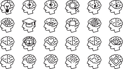 A comprehensive collection of black and white line art icons depicting various human brain functions and mental processes, symbolizing ideas, learning, and thought patterns