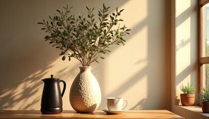 Olive branches in textured vase beside coffee cup, pot on wooden table. Natural light streams through nearby window creating shadows on wall. Small potted plants sit on windowsill, adding touch of
