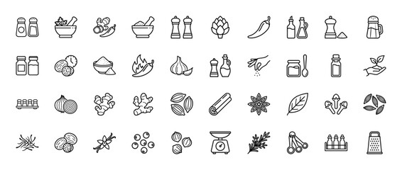 Spice and herb line icon set. Vector pictograms of salt, pepper, ginger, chili, garlic, cinnamon, rosemary, nutmeg, vanilla, and anise, thin outline illustration.