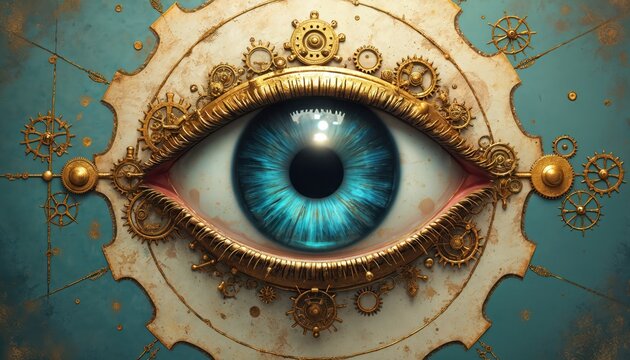 Close up of blue eye with gold steampunk gears, cogs, and clockwork mechanism framing it. Intricate mechanical details surround the orb, on teal background.